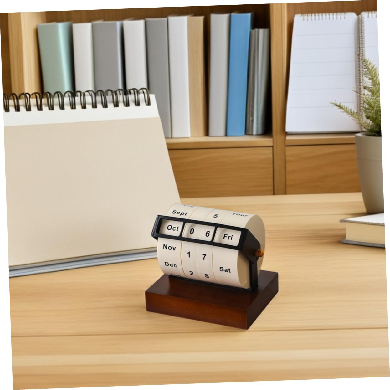 Calendario perpetuo vintage: scrivania girevole in metallo, calendario a blocchi di legno rotante manuale per la scrivania in ufficio a casa, data, settimana, mese