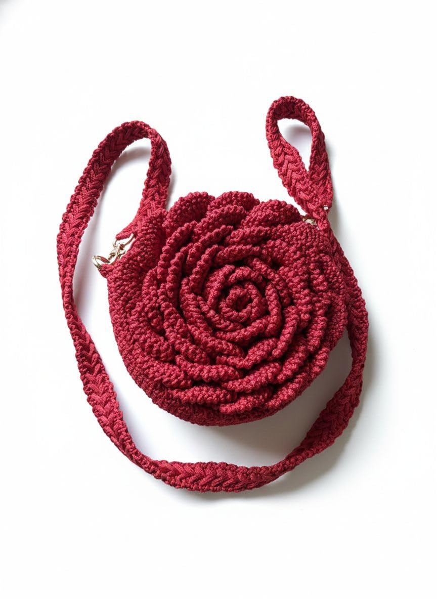 Handmade Crochet Rose Shape Crossbody Purse, Valentine Red, Small Shoulder Bag with Adjustable Strap