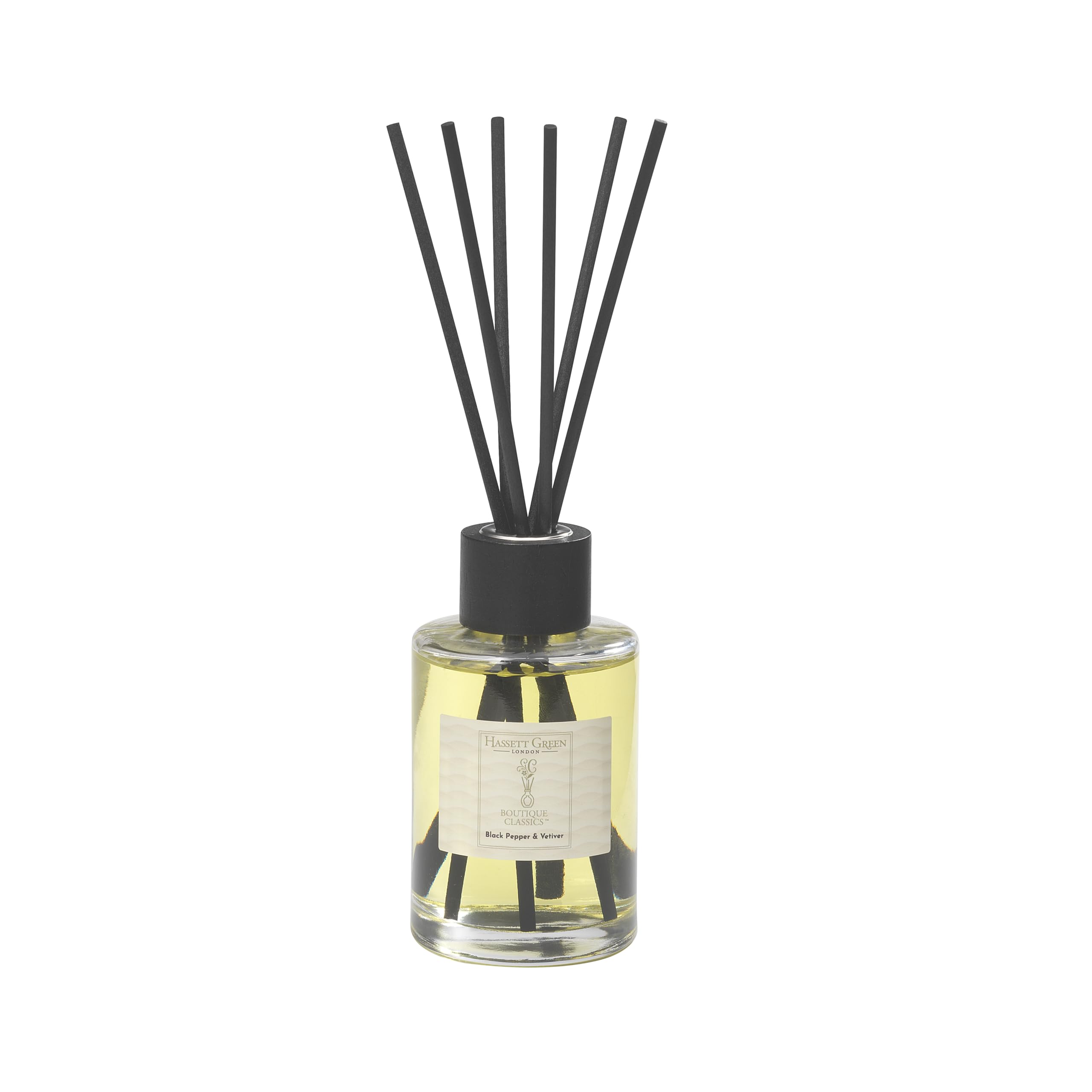 Hassett Green London Green/Black Hassett London Boutique Classics Pepper & Vetiver - Large Fragrance Oil Reed Diffuser - 250Ml Glass Bottle With 6 Thick Fibre Reeds - Reduced Packaging