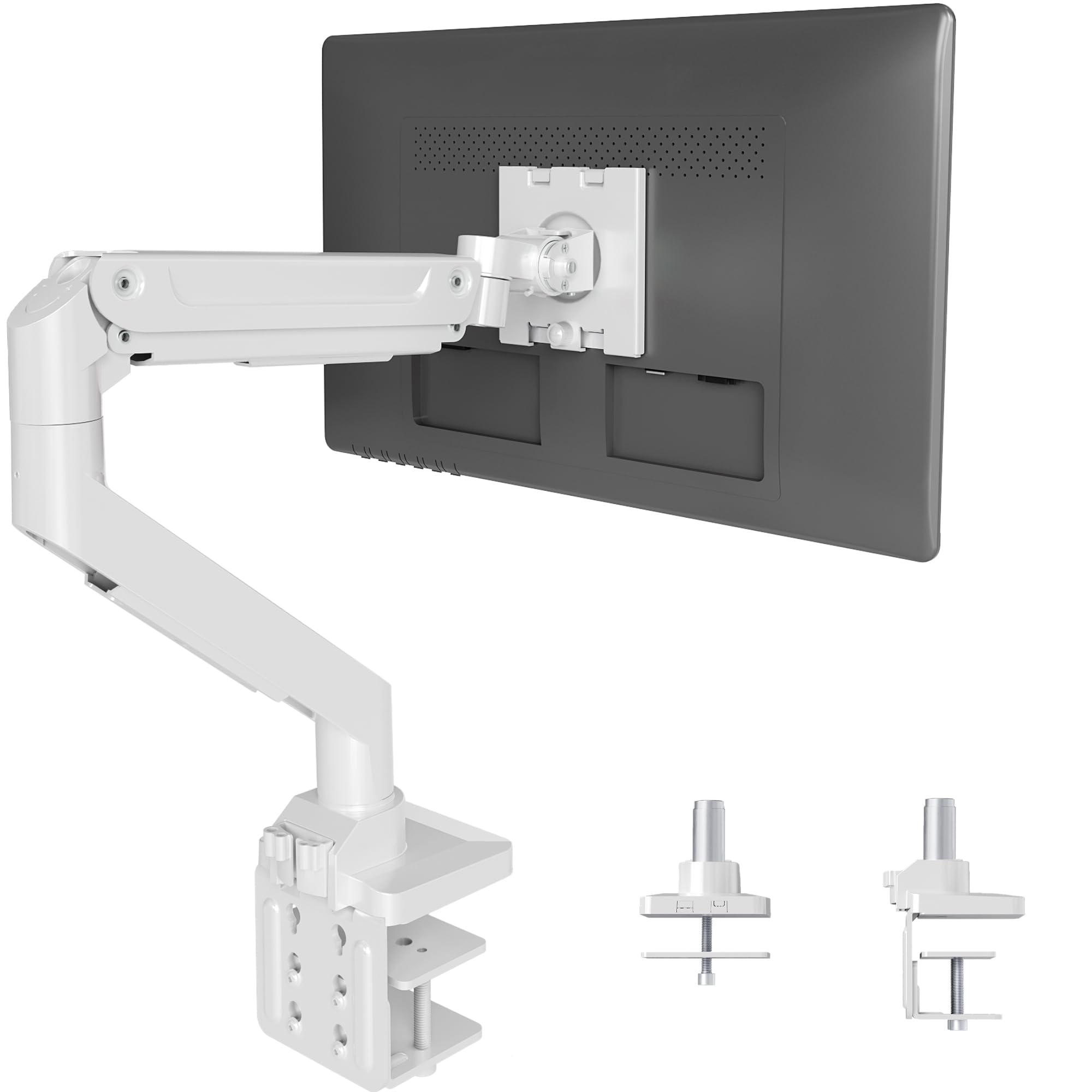 Claiks Single Monitor Mount for Max 49 inch Screens Stand up to Max 44 lbs, Ergonomic Gas Spring Heavy-Duty Adjustable Monitor Arm, with Clamp and Grommet Base, VESA Mounting Holes 75&100mm, White