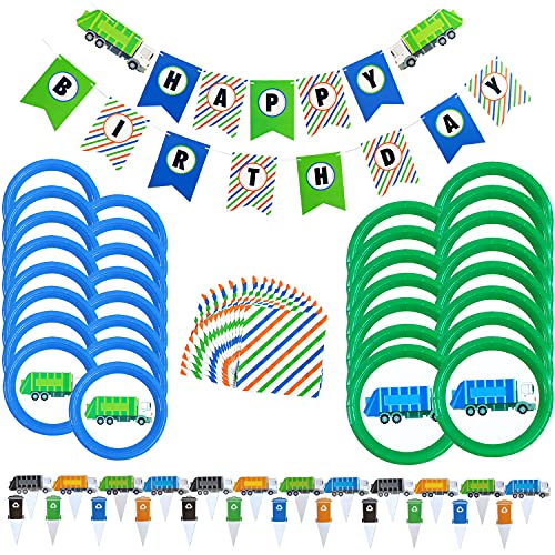 Garbage Truck Party Supplies - 73 Pieces - Trash Truck Birthday Party Includes Garbage Truck Plates - Garbage Truck and Recycling Bin Cupcake Toppers - Happy Birthday Banner - Napkins - Bonus Printables
