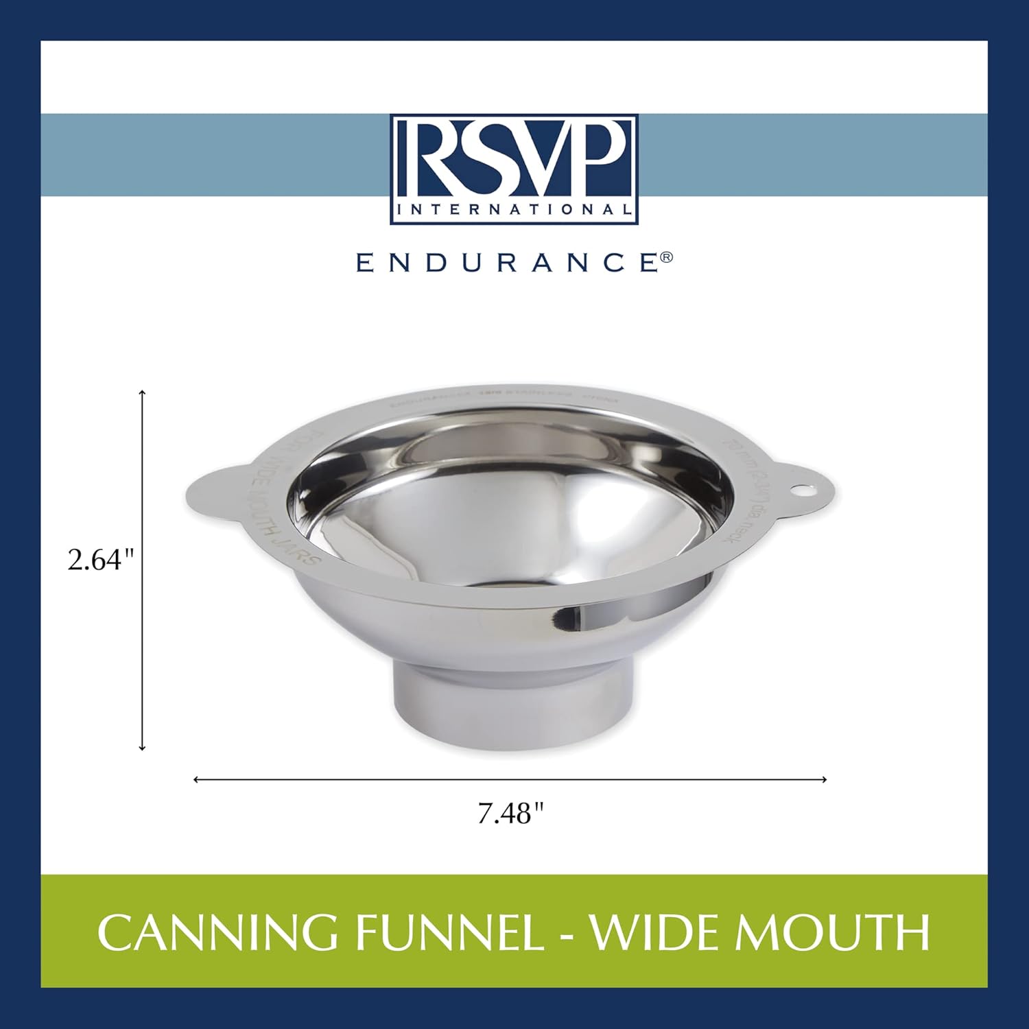 RSVP International Endurance Canning Collection Non-Reactive 18/8 Stainless Steel, Dishwasher Safe, Funnel, Wide Mouth, 2-3/4"
