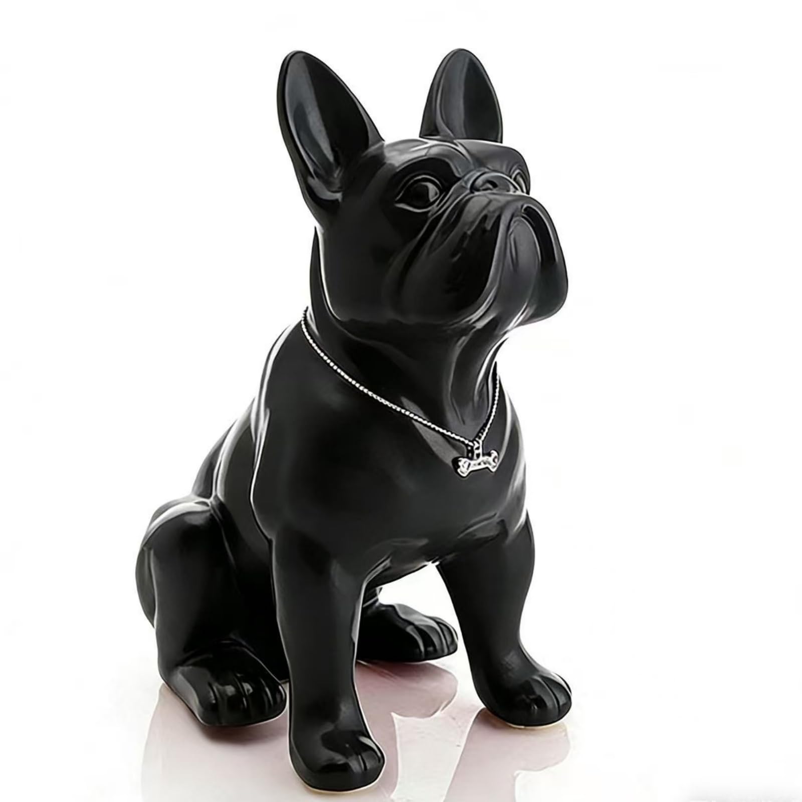 Statuetta Decorativa Cane Francese Scultura Cane Figurina Cane Ornamento Cane in Resina con Finitura E Collana con Ciondolo Adatta a Scrivania, Nero Seduto, 22cm 18cm 10cm