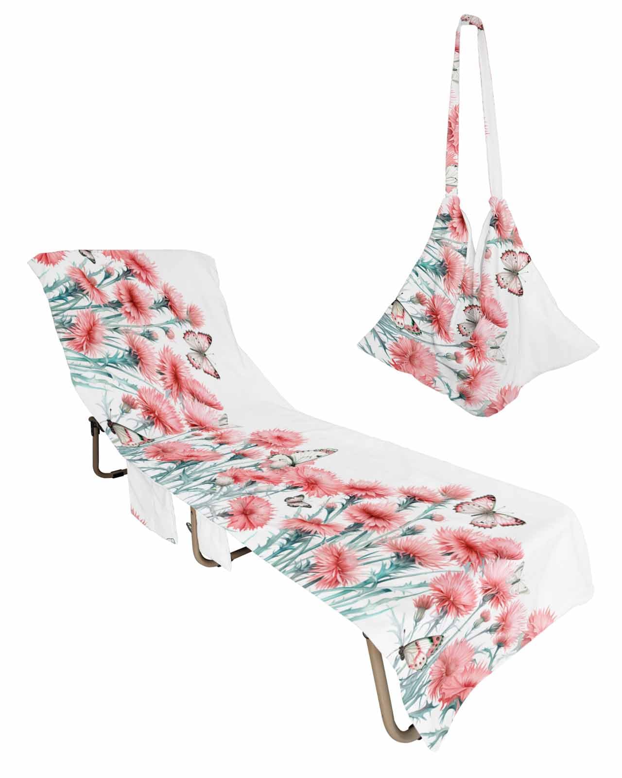 Sping Pink Flower Beach Chair Towel Covers for Chaise Lounge with Side Pocket, Soft Plush Pool Towels Cover for Patio Sunbathing Outdoor Summer Botanical Plant Watercolor White 29''x85''
