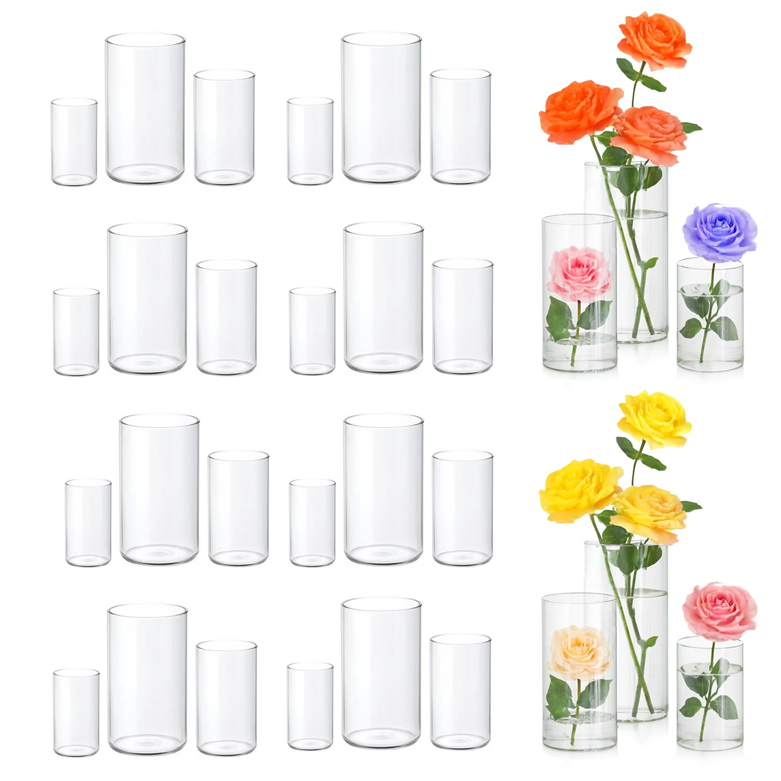 Photo 1 of 24 Pack Glass Cylinder Vases for Centerpiece, 4 6 8 Inch Tall Clear Cylinder Flower Vases Glass Hurricane Floating Candle Holder Vases Bulk for Table Shelf Party Home Wedding