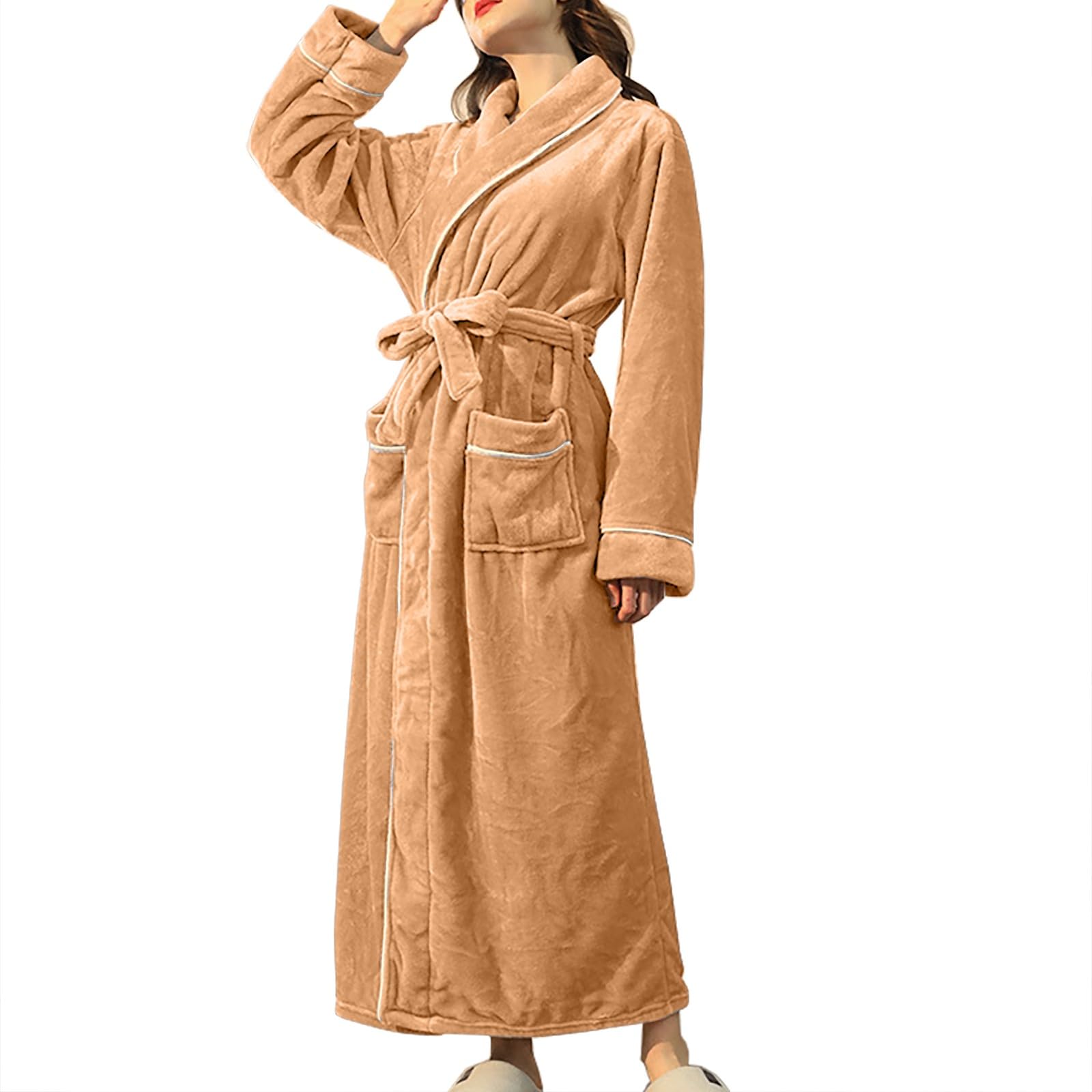 Bademantel Damen Flauschig lang, ohne kapuze, maxi, Verdicken Morgenmantel Nachtwäsche Weich Bequeme Saunamantel Kimono Robe mit Taschen