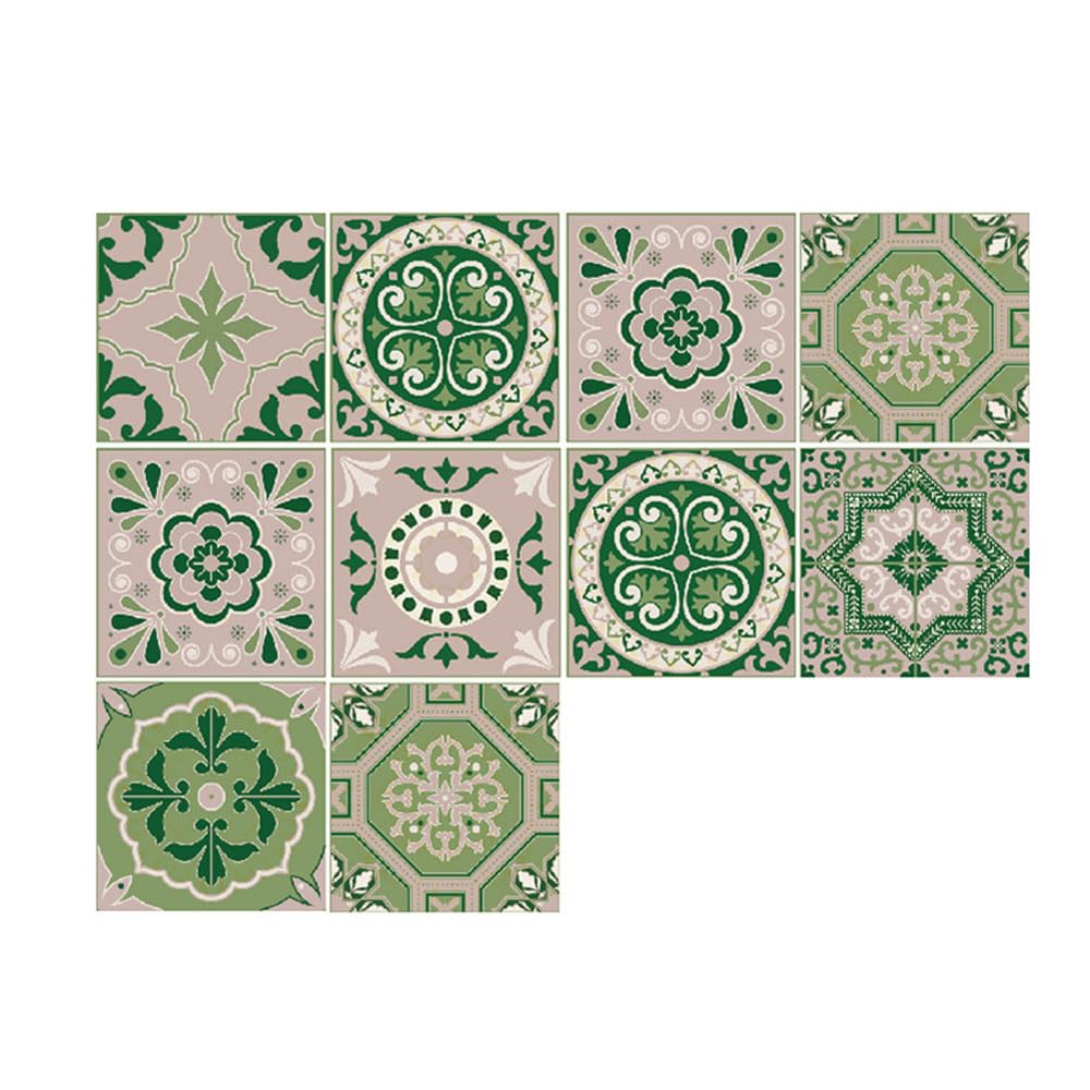 LMYSXAOZ 20 PCS Tile Stickers Stick on Tiles, Self Adhesive Wall Tiles for Bathroom Kitchen, Oil Proof DIY Peel and Floor Retro Style (15x15cm,Green Mandala)