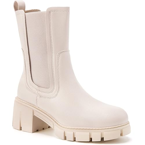 TINSTREE Women's Lug Sole Platform Boots Mid Calf Elastic Chunky Block Heel Leather Chelsea Booties