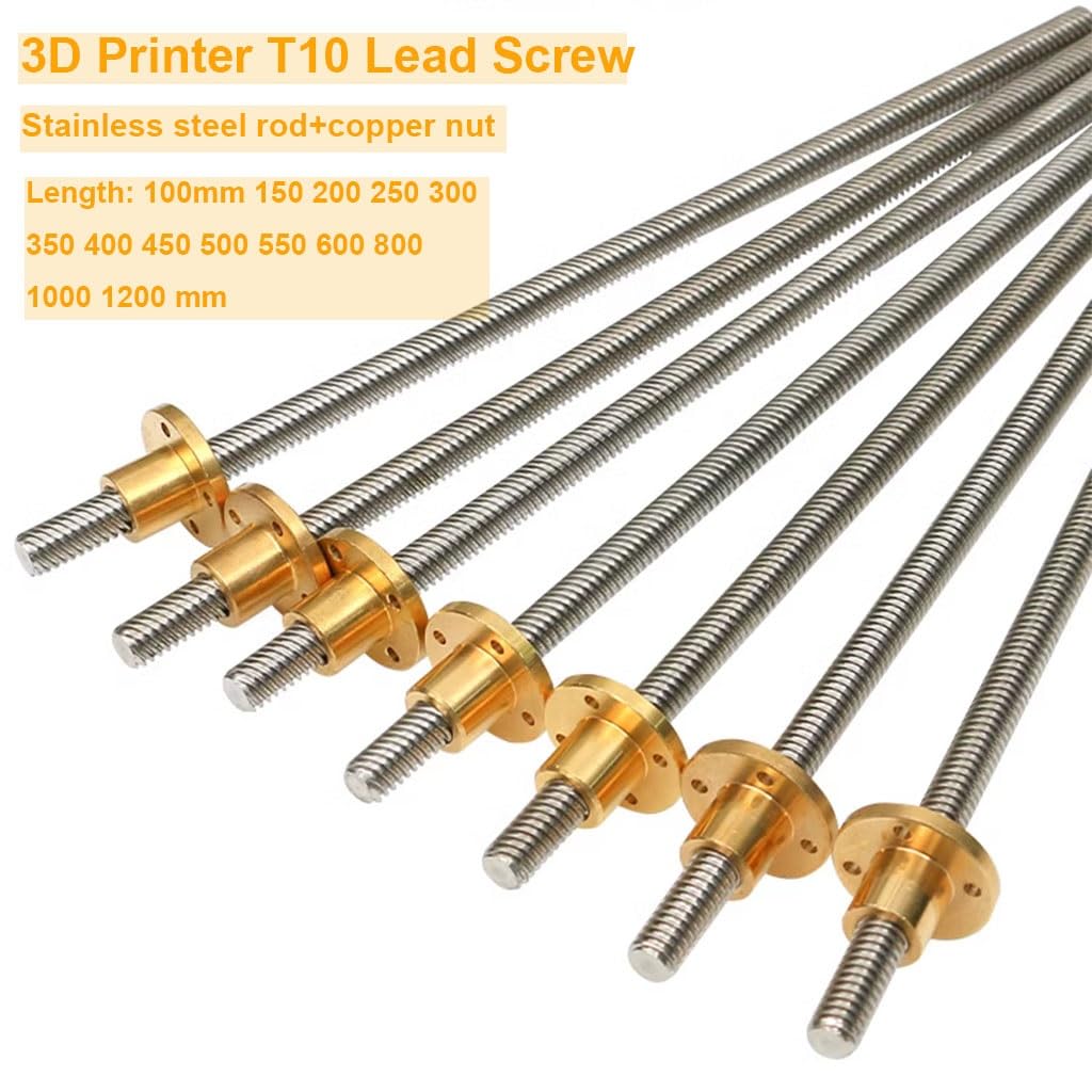 Varilla roscada de acero inoxidable, 1 pieza T10 de acero inoxidable for impresora 3D CNC, longitud 100, 200, 300, 400, 500, 600, 700, 800, 1000 mm, paso de 10 mm, tornillo y tuerca de cobre.