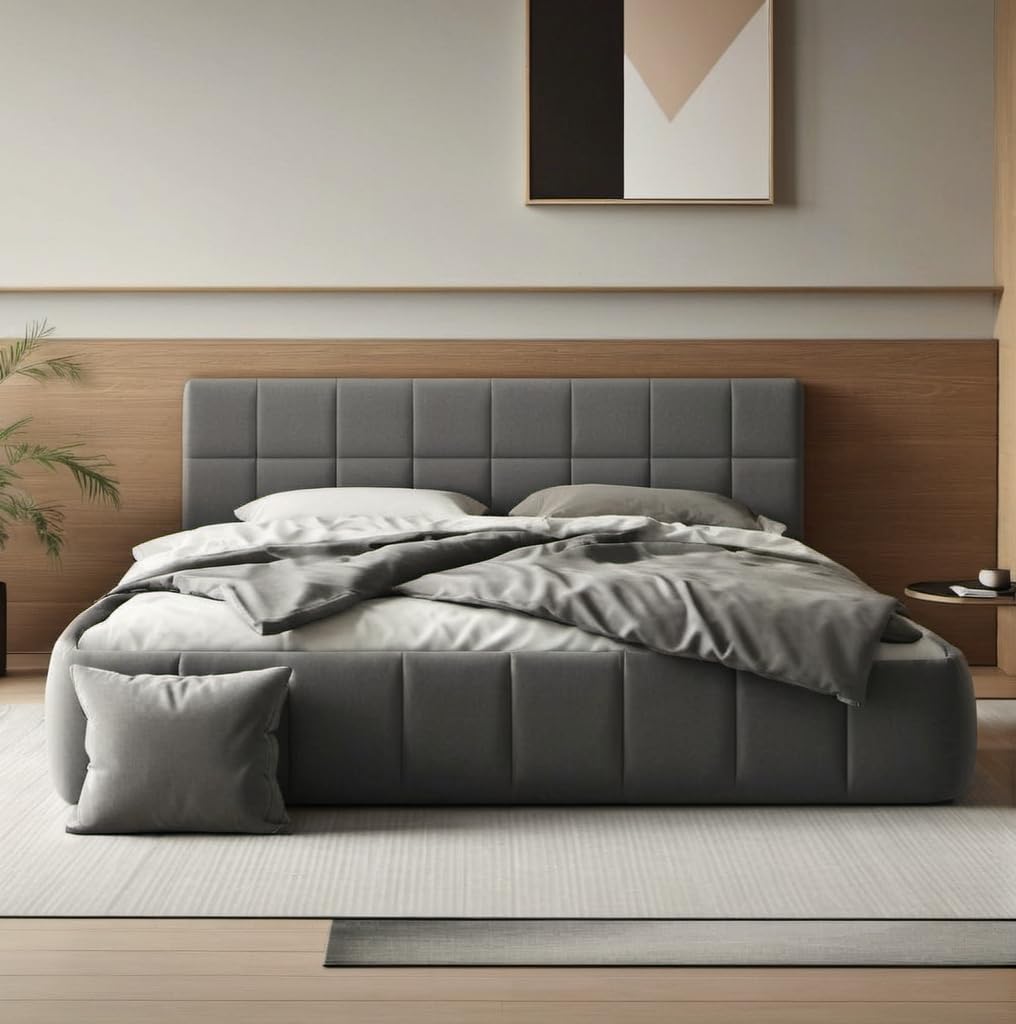 DNYN Upholstered Full Size Platform Bed with Thick Fabric for Kids/Adults,Solid Wood Bedframe for Bedroom,Apartment,Easy Assembly & No Box Spring Needed, Gray