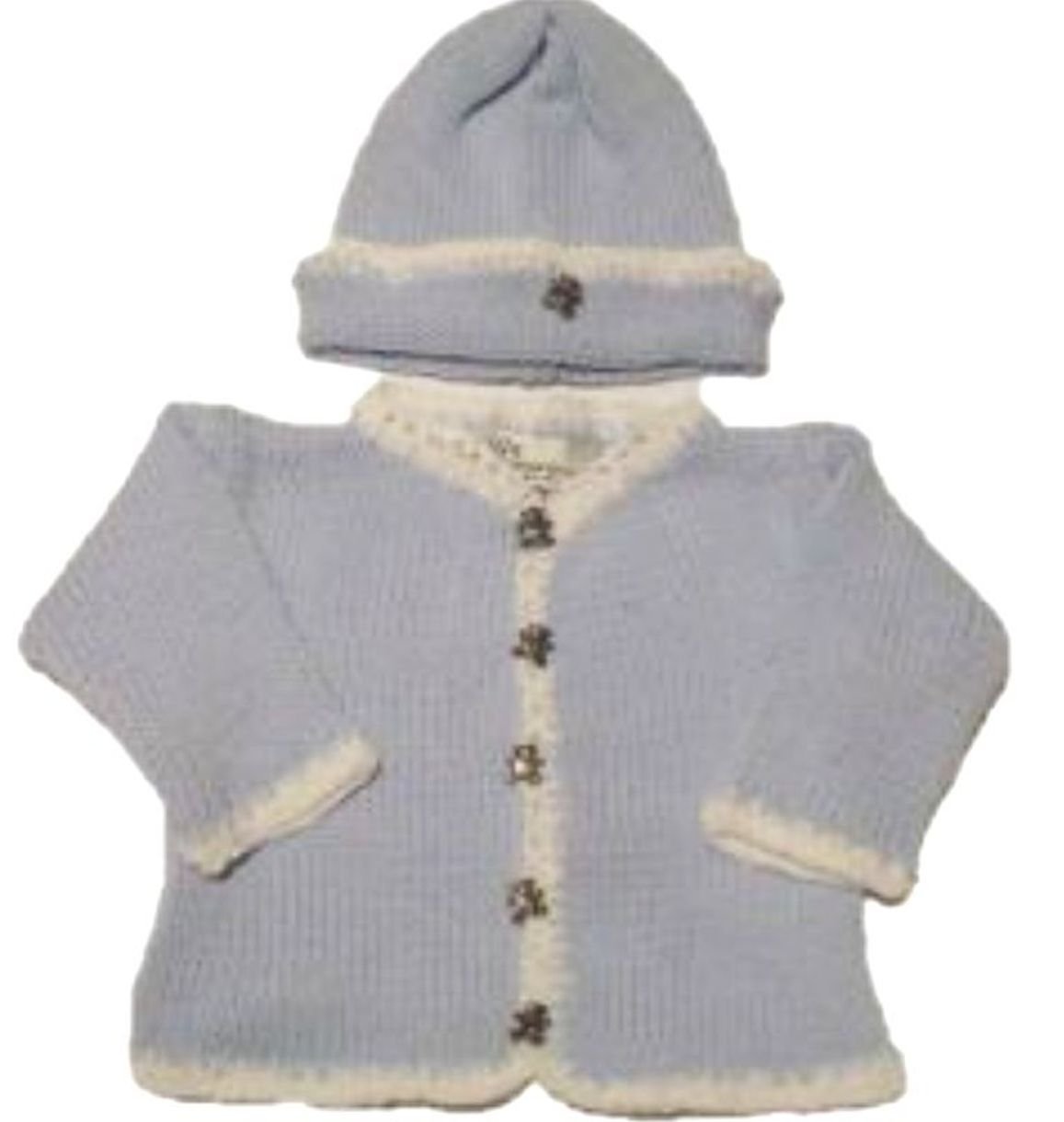 Knitted Blue Cotton White Chenille Trim Cardigan Hat Set (12-18 mo)