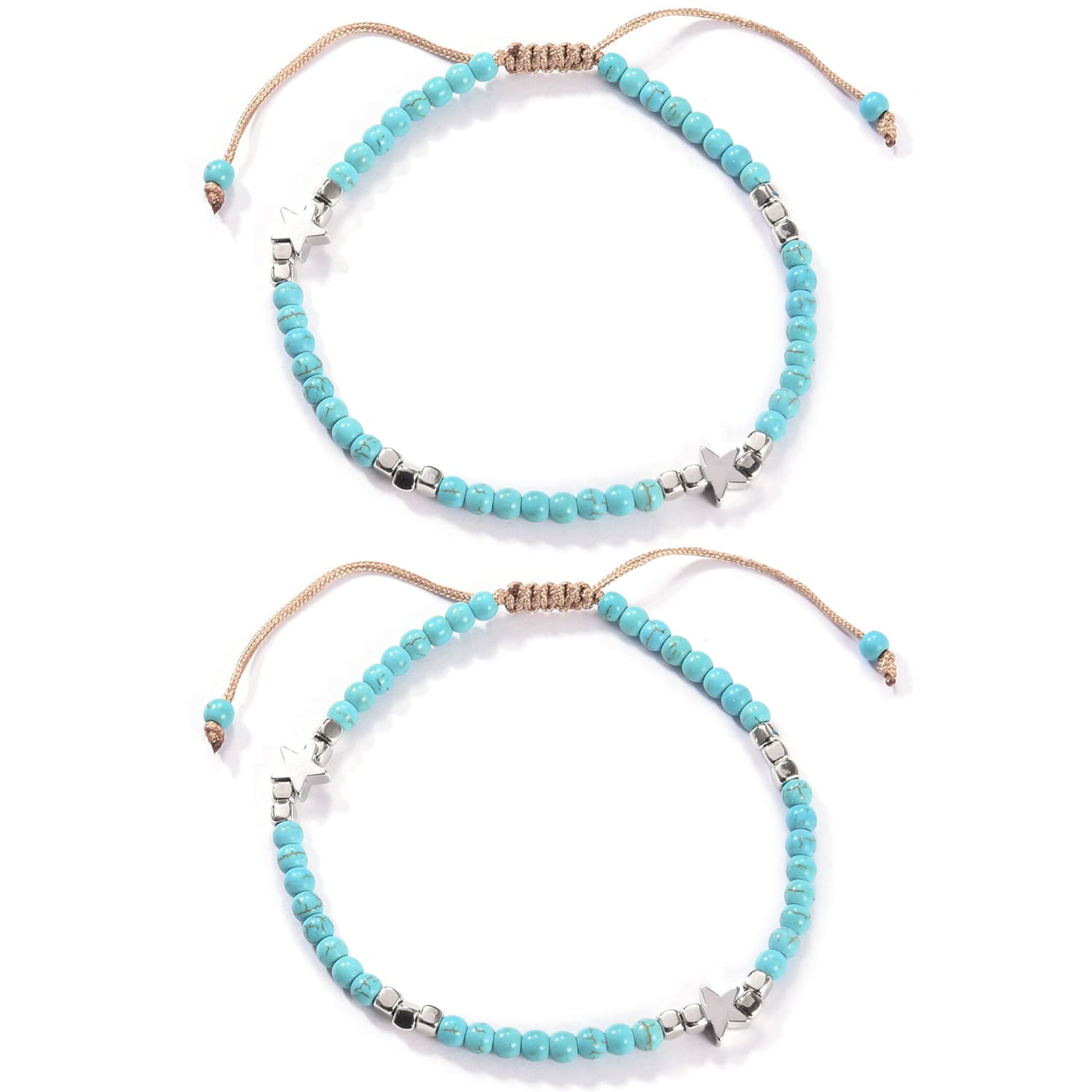 2 Pcs Boho Turquoise Anklet Bracelet Handmade Star Beaded Anklet Foot Chain Adjustable Woven Rope Anklet Summer Hawaii Beach Jewelry for Women Girls