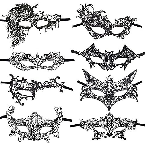 CODIRATO 8 Pcs Lace Eye Mask Sexy Masquerade Masks Mysterious Lace Face Mask for Women Halloween Carnival Party Costume Ball, Black Cover