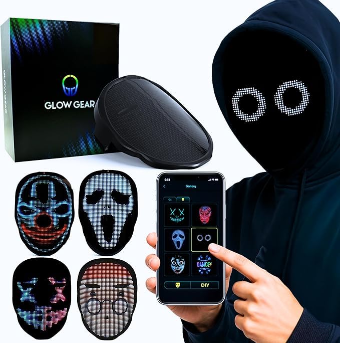 Pixel Stackers NEW Glow Gear Face Transforming LED Mask App-Controlled Light Up Cosplay Mask with 115+ Animated Faces Customizable LED Patterns Battery Rave Festival Halloween DJ Accessory