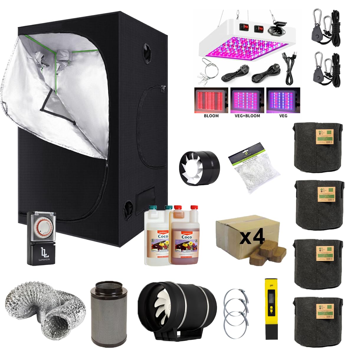 1x1x2m Complete Grow Tent Kit With 600w Dual Switch Full Spectrum LED Grow Light - Canna Coco A&B - Fox Extraction System - Fabric Pots & More *Improved Design*
