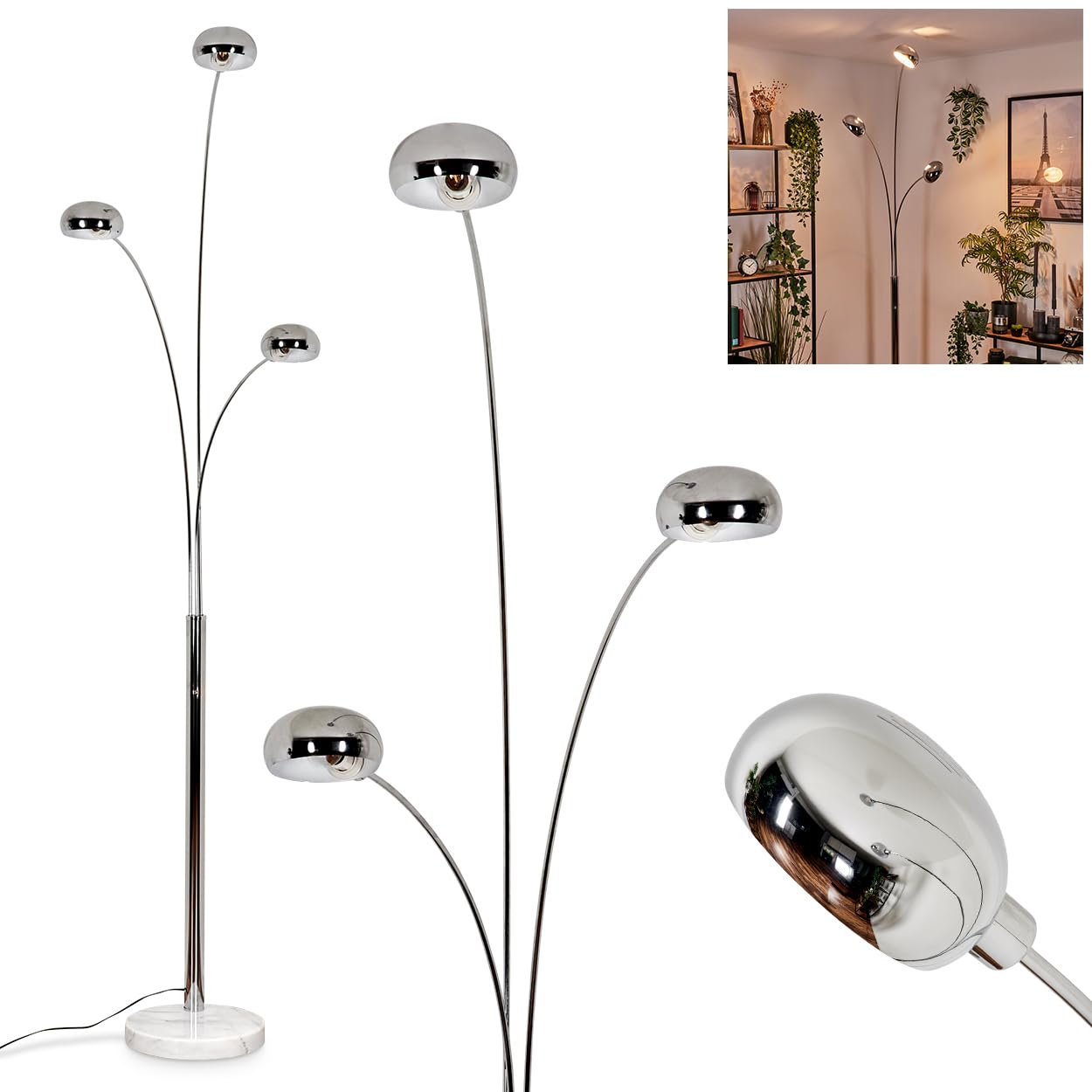 Stehleuchte Nikkala, Stehlampe aus Metall/Glas in Chromfarben/Weiß, Leuchte im modernen Design, verstellbare Schirme, An-/Ausschalter am Gehäuse, Höhe 240 cm, 3 x E14, ohne Leuchtmitte