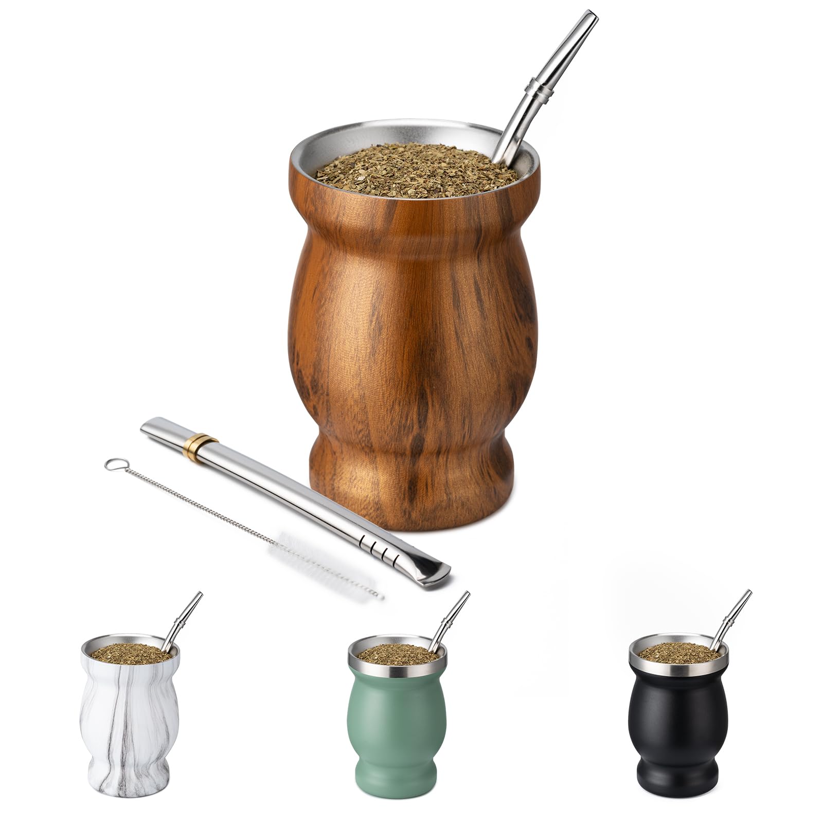 8oz Yerba Mate Cup, 304 Stainless Steel Double-Wall Mate Cup, Heat Insulation Yerba Mate Gourd, Tea Cup Set Includes Cleaning Brush & 2 Bombillas (Wood)
