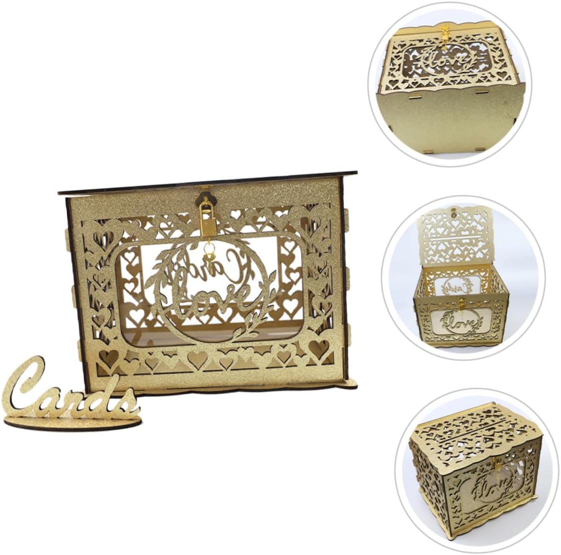 NUOBESTY Wooden Hollow Card Box with Lock Square Wood Card Holder for Wedding Reception Birthday Portable Decorative Storage Container