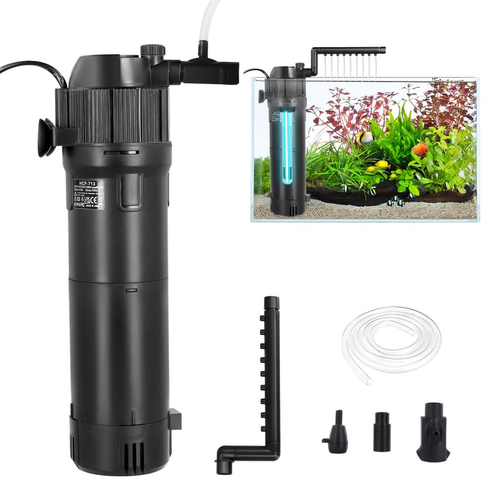 Fish Tank Filter, 650L/H 6W Internal Aquarium Filter Pump with UV Germicidal Lamp, Filtration, Oxygenation, Water Purification for Small Aquariums, Turtle Tanks, Fish Tanks