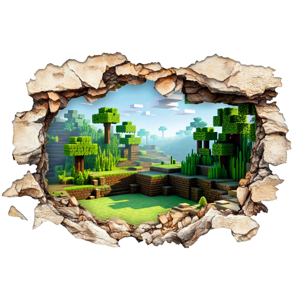 Sticker mural 3D style bloc : effet de brèche réaliste | Sticker paysage forêt en pixels pour chambre de garçon et de gamer | Autocollant en vinyle à...