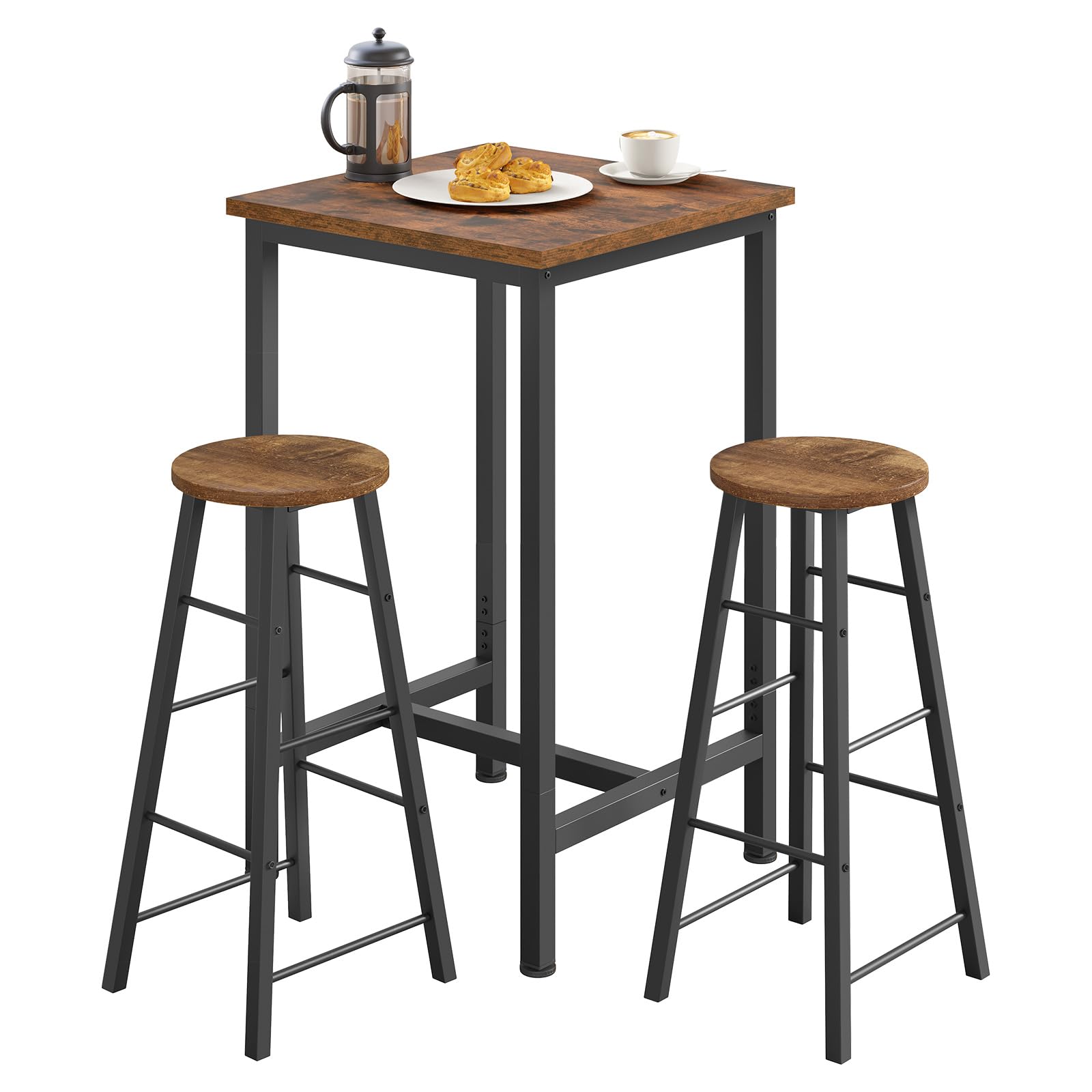 WOLTU Set Mobili da Bar Tavolo con 2 Sgabelli Alti Arredo per Cucina in Acciaio Legno, Tavolo Cucina 60 x 60 x 100 cm, Marrone rustico + Nero