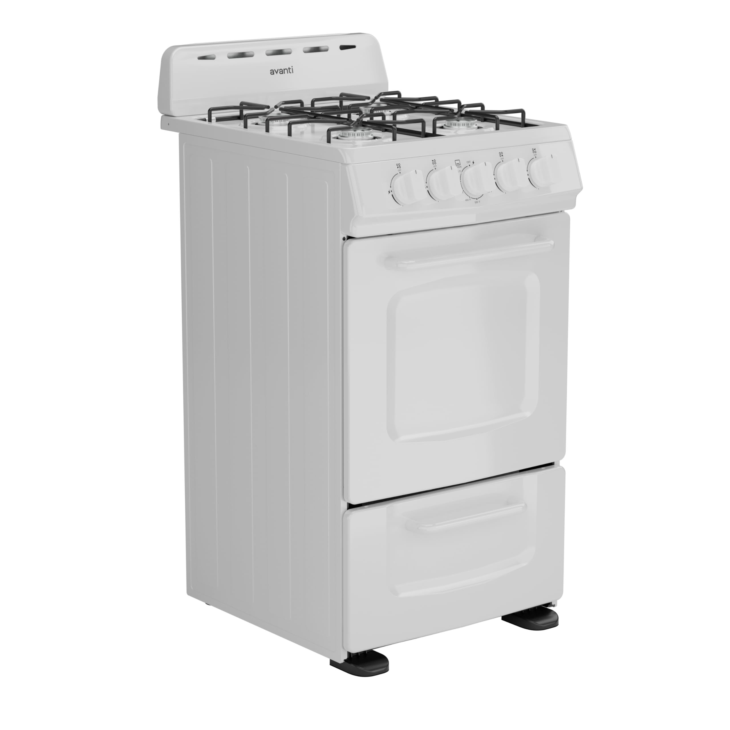Avanti Gas Range Oven, Compact Freestanding Design, 4 Burners with Electronic Ignition, 2.1 Cu.Ft. Capacity Features Solid Door Storage Drawer Broiler and Accessories, 20-Inch, White