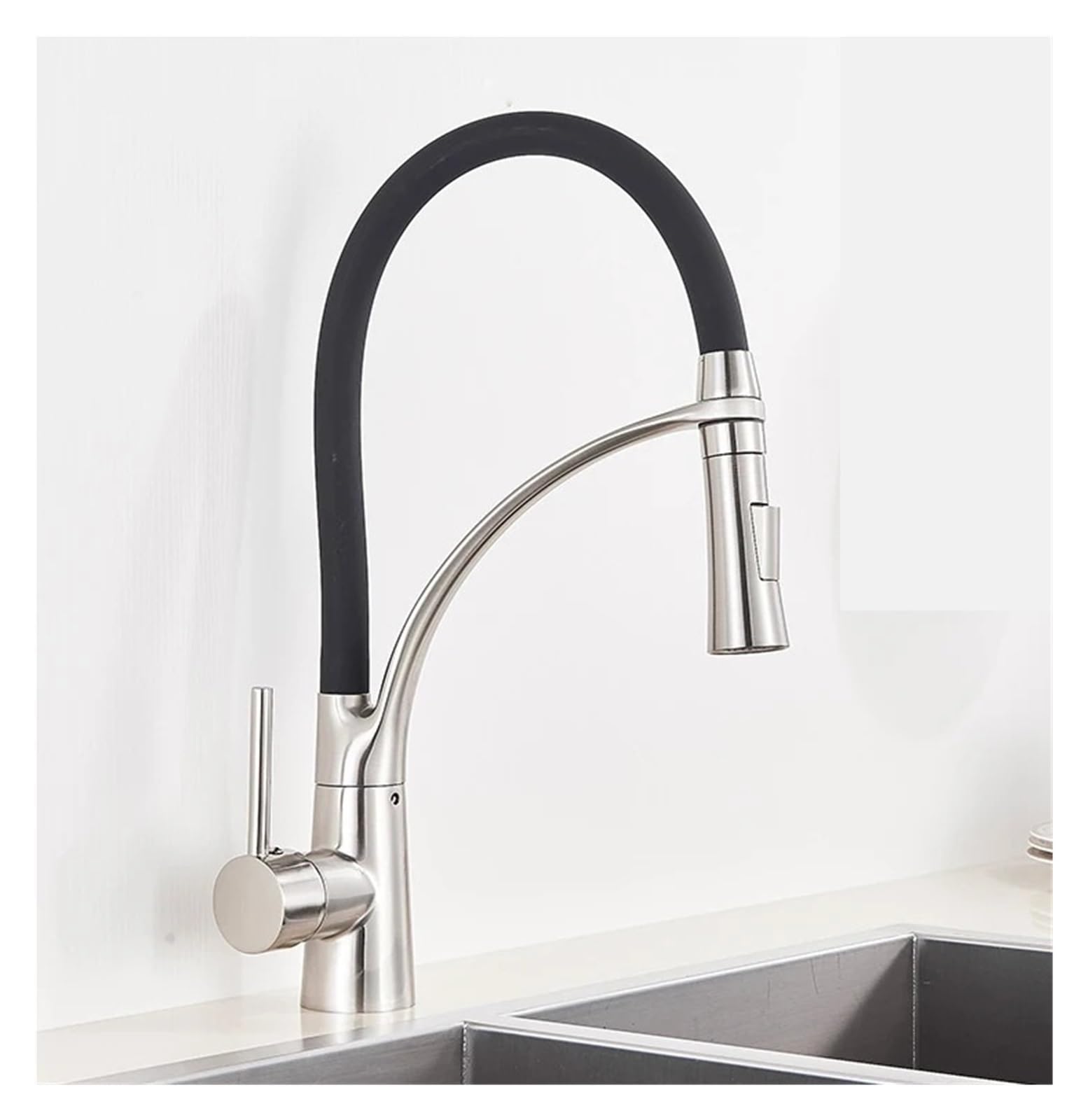 Grifo de cocina for encimera monomando en níquel con manguera negra y agua fría/caliente