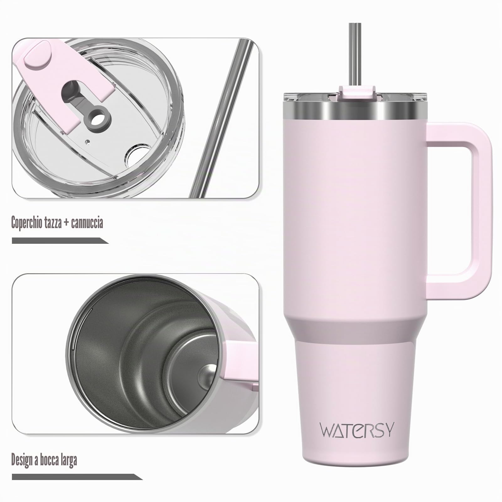 WATERSY 1.2L Bicchiere Termico con Manico, 40 oz Grande Tazza Termica in Acciaio Inox, Tazza da Caffè con Cannuccia, Thermos per Acqua Doppia Parete, per Palestra, Auto e Viaggio (Rosa Chiaro)