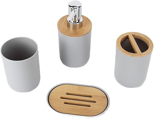 Miniatura 9 de Garosa Juego de 4 accesorios de baño de bambú, impermeable, plástico para cepillo de dientes, dispensador de loción, caja de jabón, taza de dientes