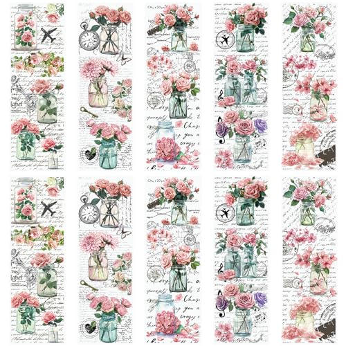 WANDIC 10 hojas de calcomanías de transferencia para frotar, calcomanías de flores rosas para álbumes de recortes, álbumes de fotos, muebles, 11.8 x 3.9 pulgadas