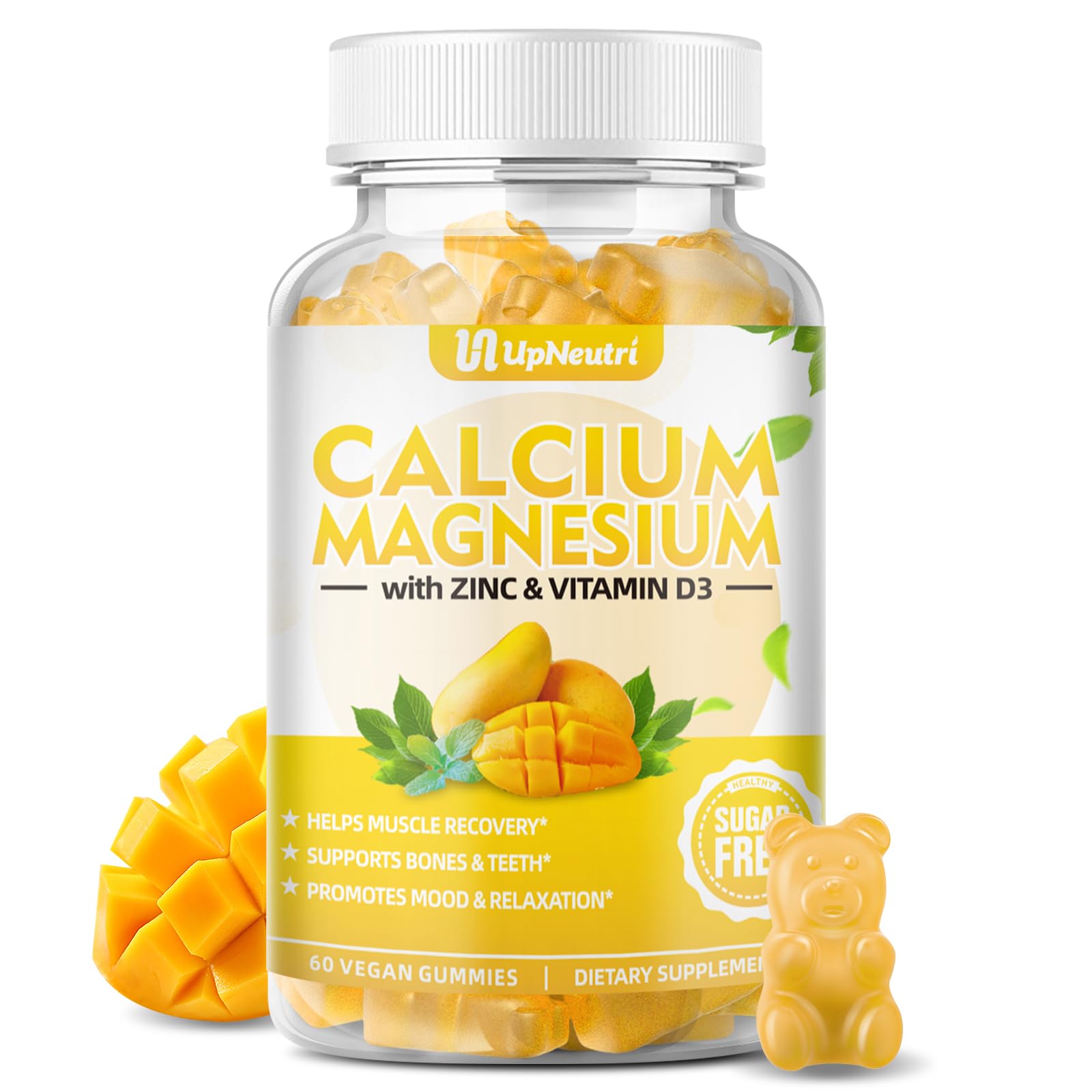 Calcium Magnesium Zinc with Vitamin D3 Supplement, Sugar Free Calcium Gummies for Women Men, High Absorption Zinc Gummies for Bone & Muscle & Immune Health, Vegan Mango Flavor - 60 Count Mango 60 Count (Pack of 1)