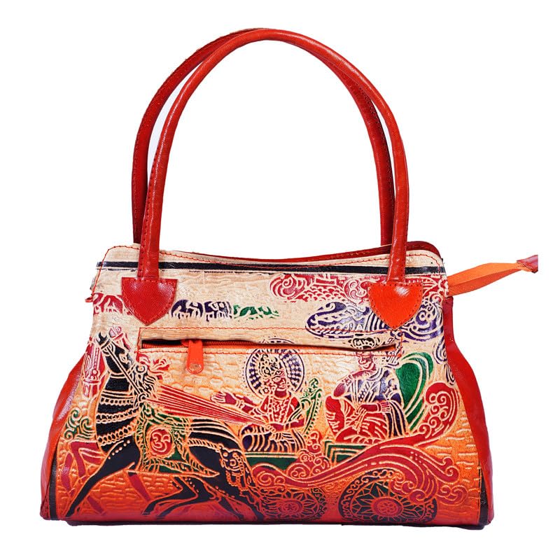 Handcrafted Shantiniketani Leather Shoulder Bag for Women | Hand-Painted Mythological Krishna Arjuna Art Tote | Ethnic Handmade Purse with Zipper & Dual Handles-image-27
