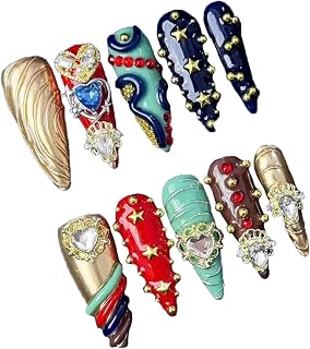 Heart Charm & Rhinestone Press on Nails | 100% 5D Handmade Long Stiletto False Nails | Luxury Gorgeous Glue on Nails for Daily Wear & Parties | Reusable DIY Fake Nails for Women (Black, L)
