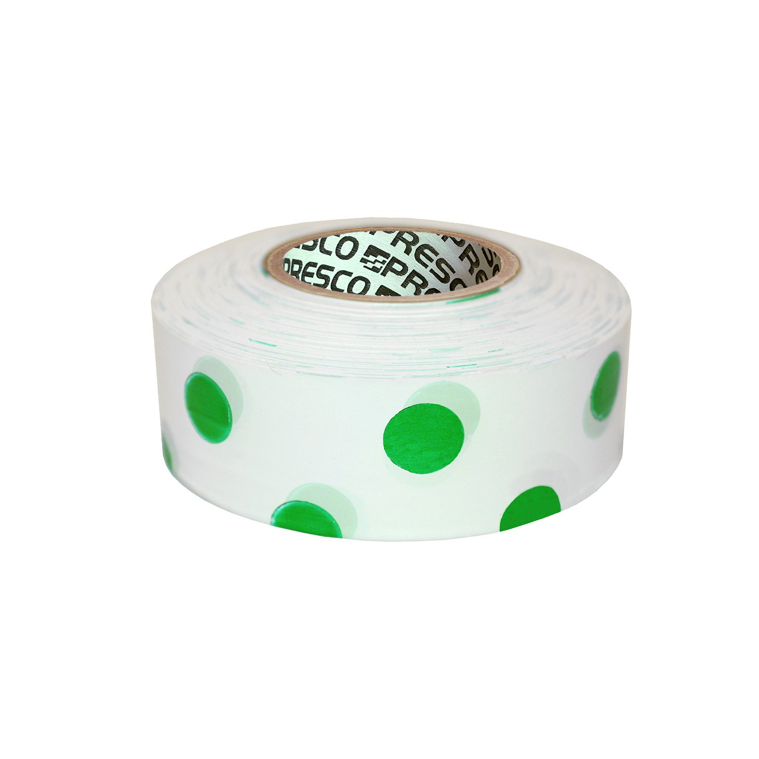 [NO ADHESIVE] Presco Polka Dot Patterned Roll Flagging Tape: 1-3/16 in. x 300 ft. (White and Green Polka Dot)