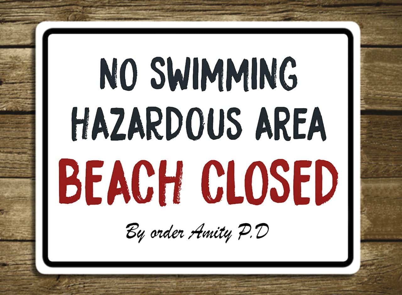 Tin Sign Vintage Retro Man Cave Bar Pub Shed Novelty Gift Aluminium Metal Tin Wall Décor Sign - No Swimming Beach Warning Amity Jaws Movie inspired