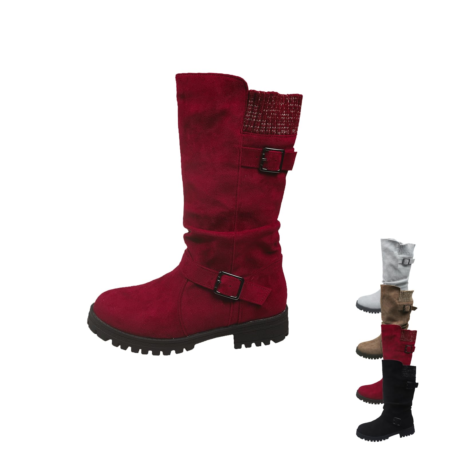 Womens Faux Suede Mid-Calf Boots - Vintage Solid-Color Biker Riding Boots with Adjustable Buckle Platform Comfort Fall Winter