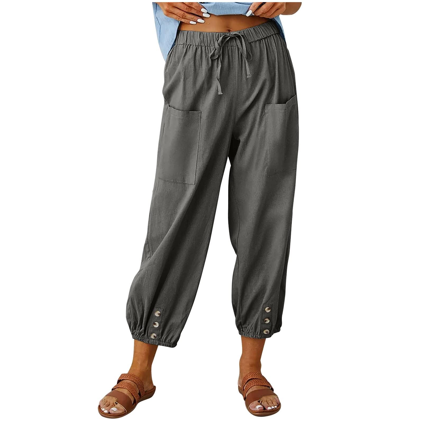 Costaric Capri Pants for Womens Drawstring High Waist Pants Cotton Linen Wide Leg Cropped Pants with Pockets