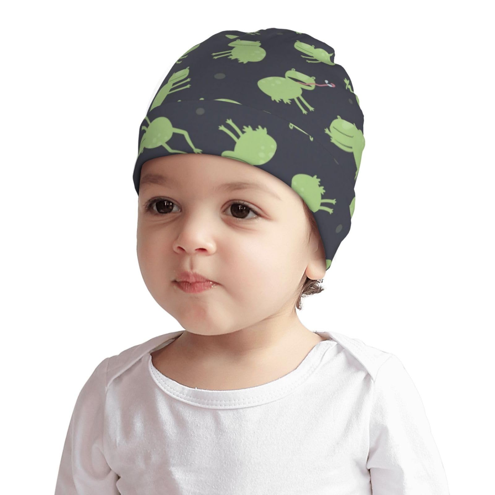 Rqzwdq Cute Cartoon Frog Pattern Kids Beanie Hats Warm Knit Beanie Cap Skull Caps Gifts Decor for Boys Girls White