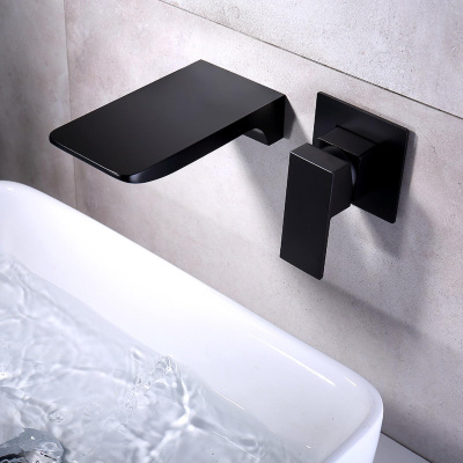 ASerZenith Black Full Copper Bathtub Embedded Wall Shower Concealed Shower Waterfall Washbasin Faucet Hidden Hot and Cold Set(L2 Black)