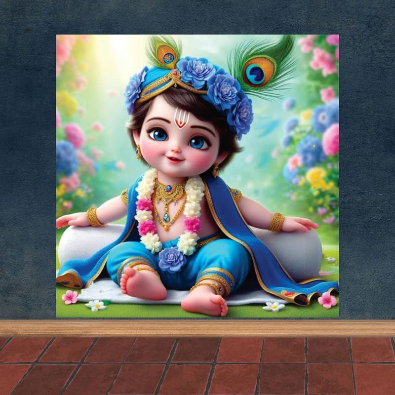 Image of British Terminal Cute little Bal Gopal Baby God Krishna| Kanha Ji | Laddu Lord Makhan Chor Painting Religious Poster for Pregnant Women for wall (matt thin vinyl,sticker,multicolor,unframed)| bj35