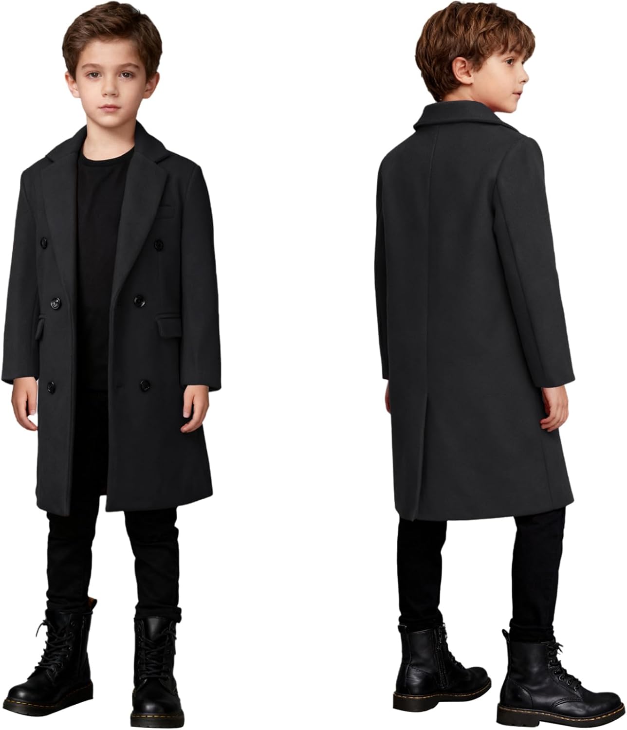 JEYPINMI Boys Classic Dress Coats Fall Winter Notch Lapel Double Breasted Long Trench Coat with Pockets