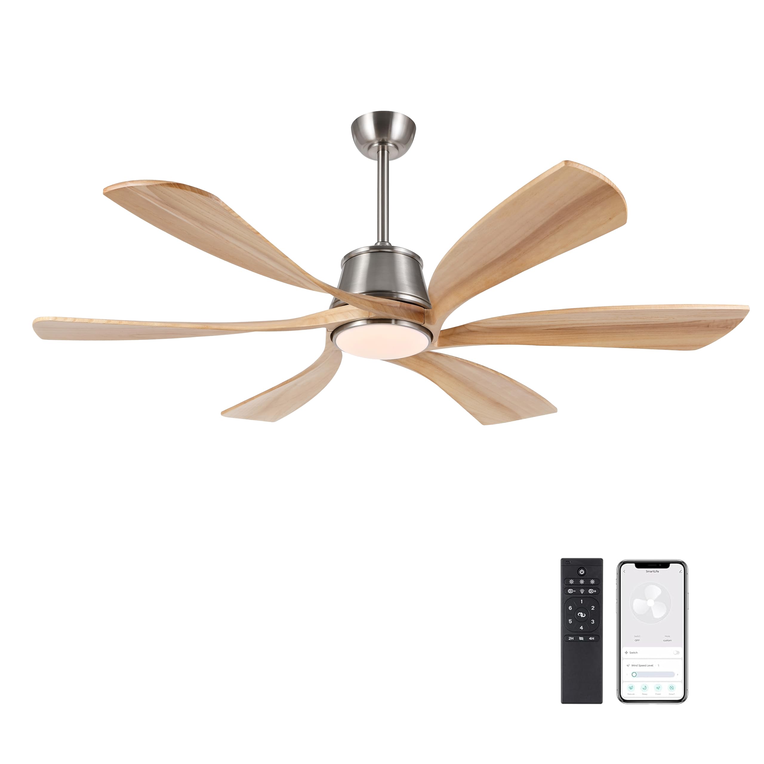 Photo 1 of ***UPDATED 7/31*** WINGBO 60" Smart Ceiling Fan with Light, Dimmable LED Light, 6-Speed Remote/APP/Voice Control, Solid Wood Blades Fan for Bedroom/Living Room/Shop Works with Alexa or Google Assistant Light Wood Color