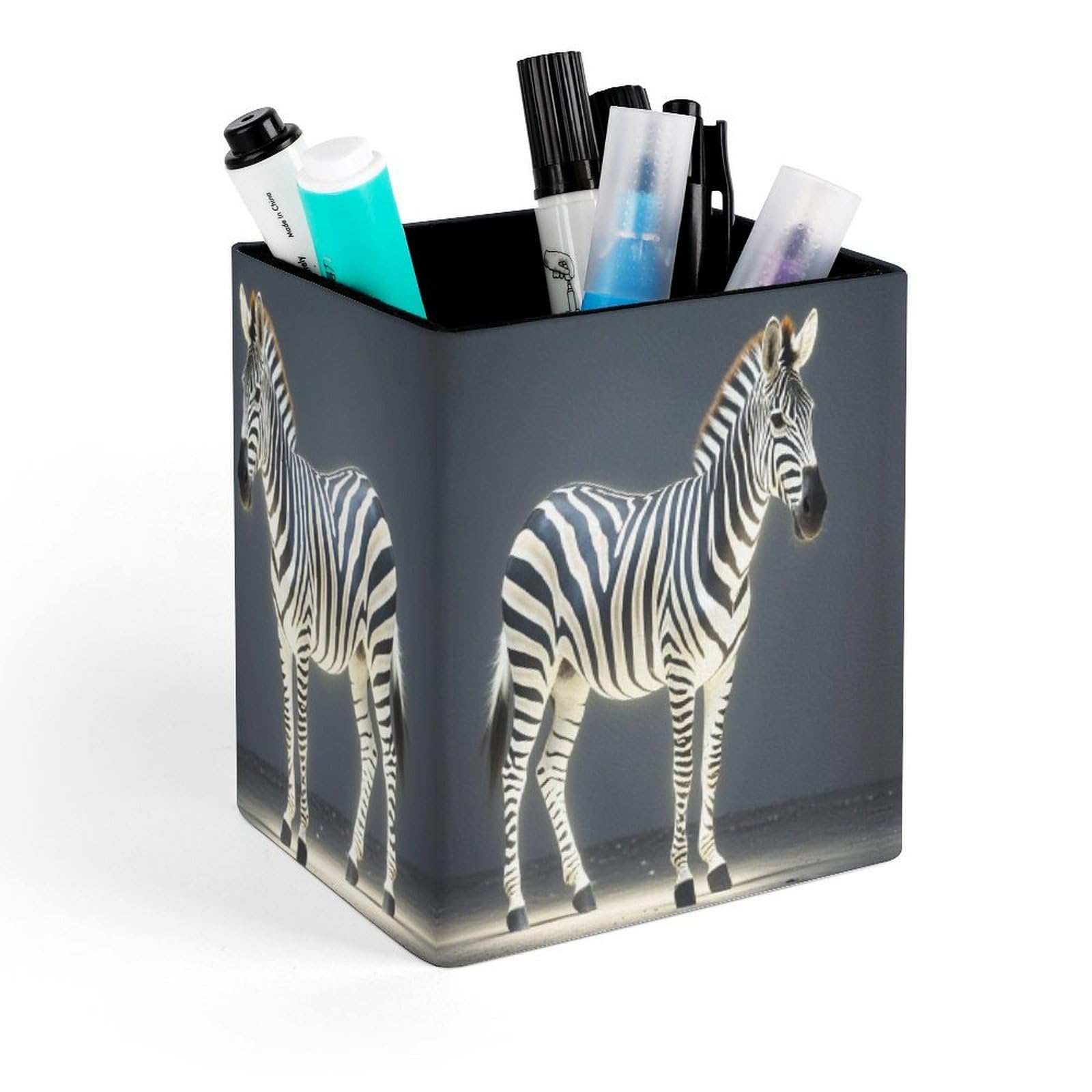 FekiLoot Glowing Zebra Pencil Holder for Desk Square Leather Pen Holder Cup Desktop Organizer Multi-Functional Pencil Cup Holders Modern Decorative Desk Organizer Caddy Makeup Brush Holders