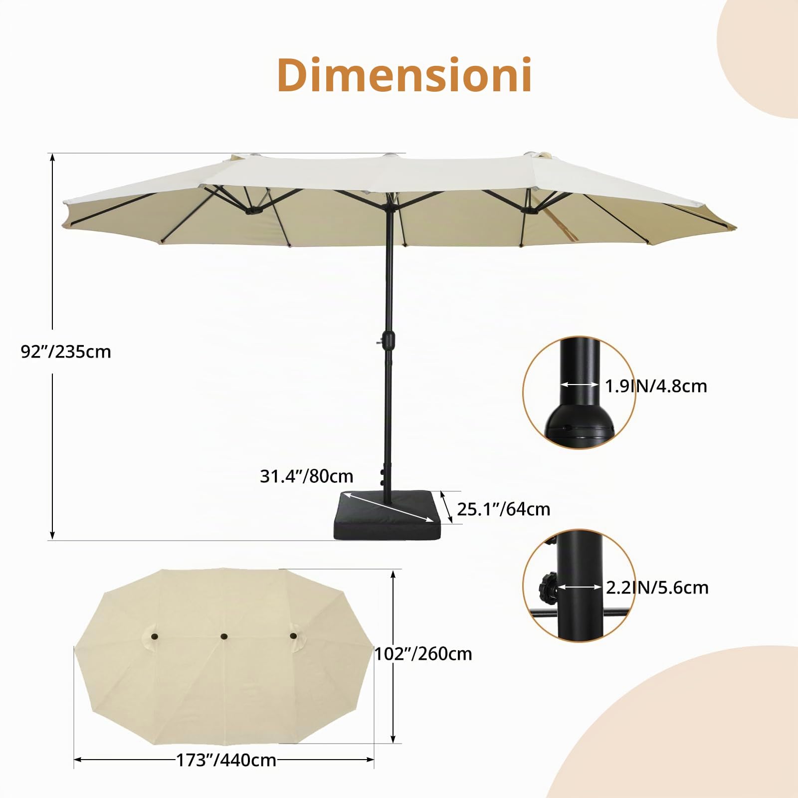 VOWNER Ombrellone da Giardino, Doppio da Patio Rettangolare, con Sistema di Apertura e Chiusura Manovella, con Base & Manovella, 4,4 x 2,6 m, per Giardino, Esterno, Beige