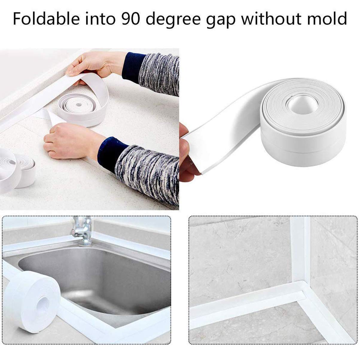 Nastro sigillante autoadesivo Magic Caulk Tape PVC per bagno, doccia, impermeabile, nastro adesivo per fughe da cucina, vasca da bagno, 2 rotoli di colore bianco, 38 mm x 3,2 m