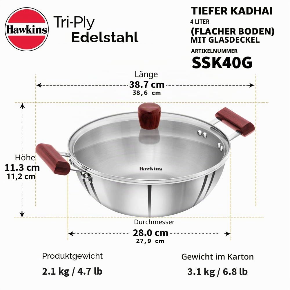 Hawkins Tri-Ply Edelstahl Induktion kompatibel Deep Kadhai (Frittierpfanne) mit Glasdeckel, Fassungsvermögen 4 Liter, Durchmesser 28 cm, Dicke 3 mm, Silber (SSK40G)