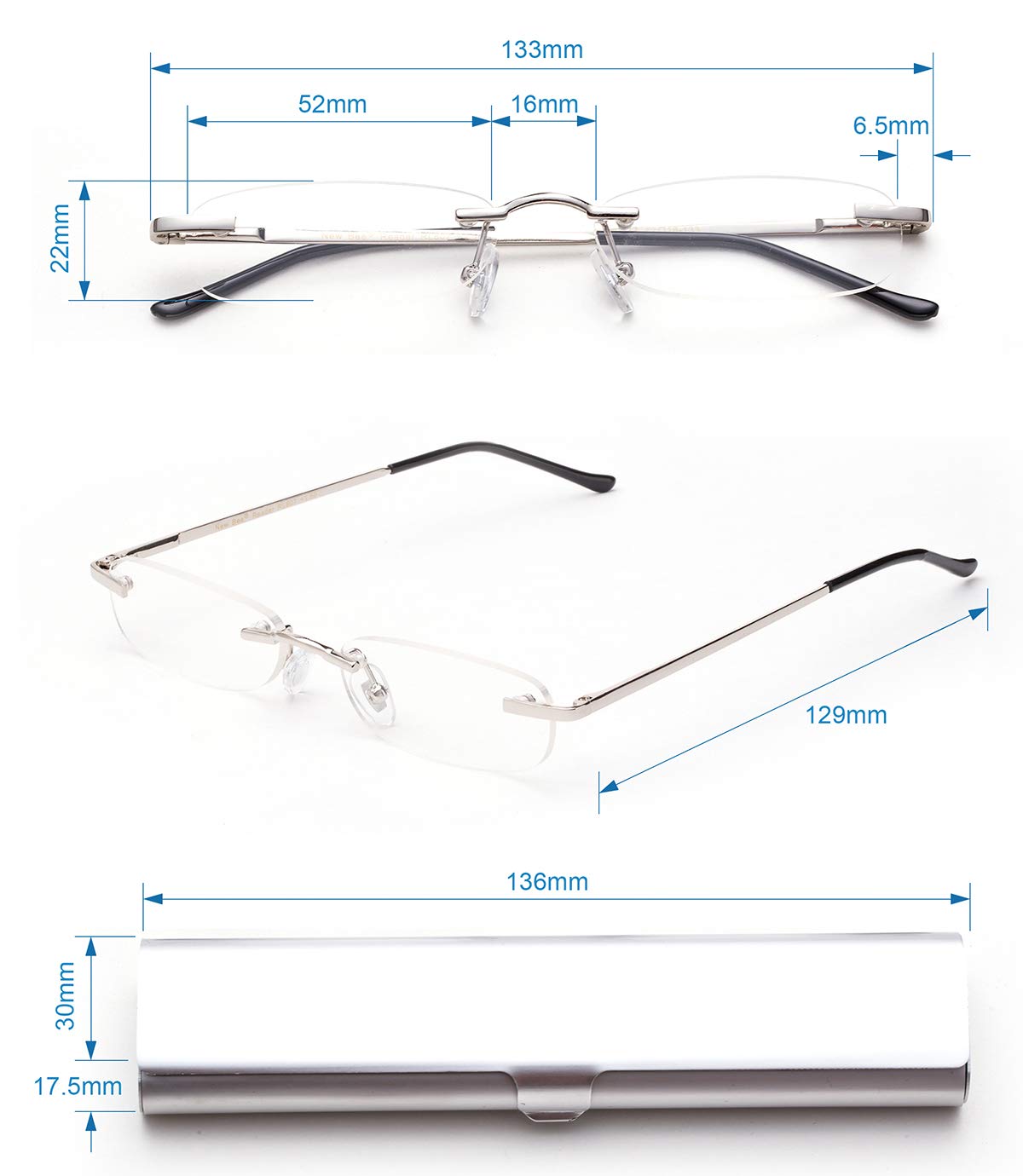 2 Pack Compact Reading Glasses in Tube Slim Rimless Reader in Aluminum Case
