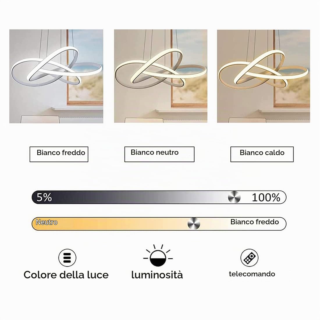 Moderna sospensione LED con design a spirale, 64W dimmerabile con telecomando, luce a lampadario regolabile in altezza, per soggiorno, camera da letto, sala da pranzo, isola della cucina (D - Bianco)