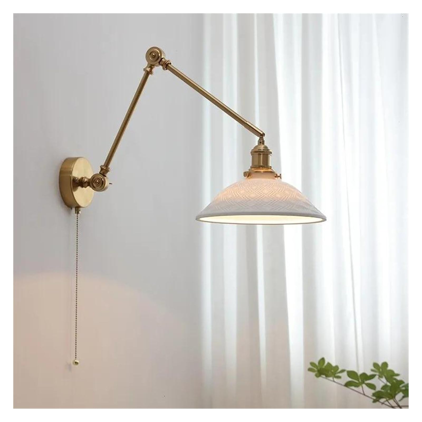 ZTCHSENZT Wall Sconces, Pull Chain Switch LED Wall Lights Sconce Up and Down Copper Swing Long Arm Ceramic Lampshade Nordic Modern Wandlamp,E
