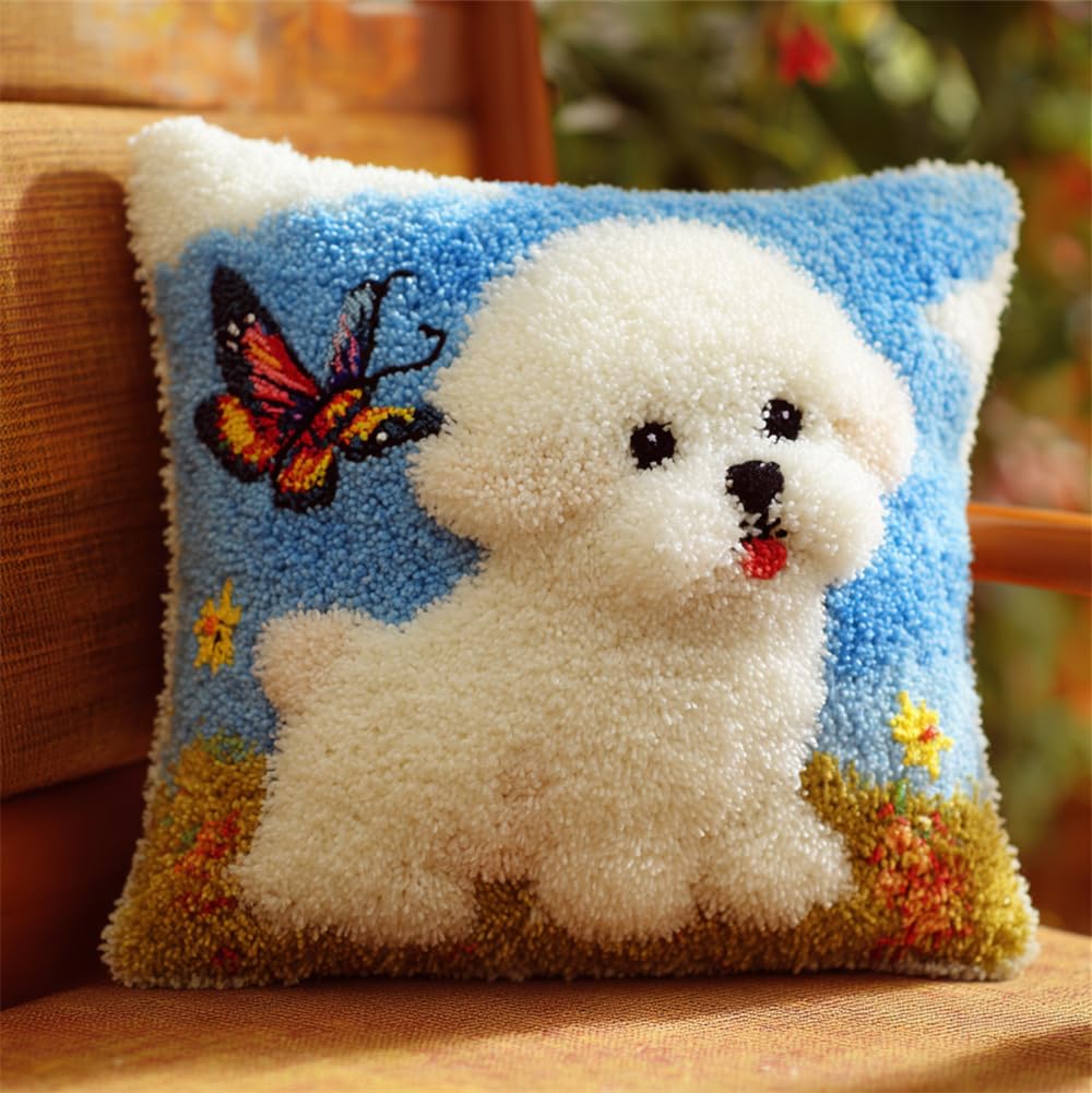 Taxpy 3D DIY Latch Hook Kits -Bichon Frise and Butterfly 17X17 Inch with Colorful Printed Canvas,Beginners Animals Latch Hook Pillow Kit,Fit for Christmas, Halloween,Home Sofa Decoration